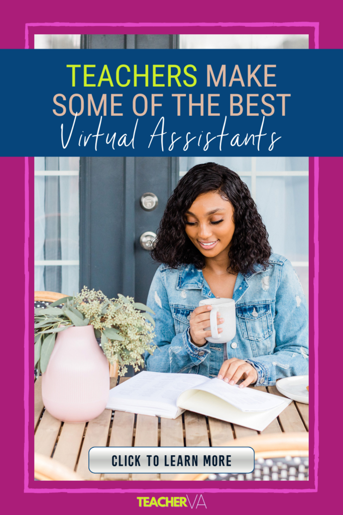 Why teachers make some of the best virtual assistants - image of a woman holding coffee while sitting at a table with a book