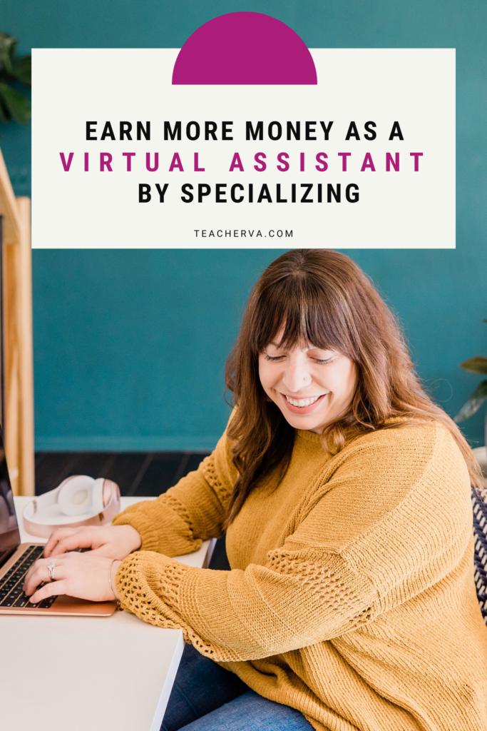 How can a virtual assistant specialize? Image with woman in yellow sweater smiling while typing on a computer